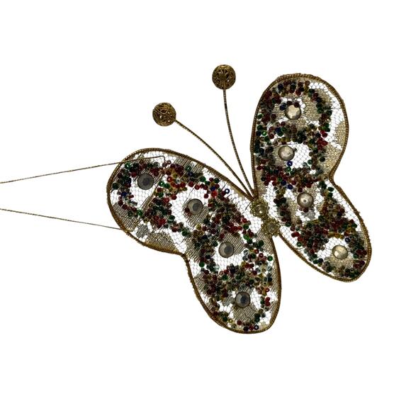 Vintage Gold Beaded Butterfly Christmas Ornament Mesh Hanging - Picture 6 of 15